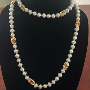 NWT CHICO'S Goldtone Faux Pearl Single-Strand Necklace, AND MATCHING EARRINGS.